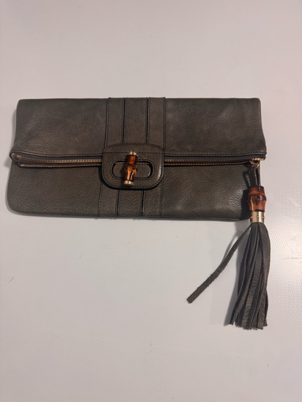 Gucci Grey Leather Bamboo Lucy Fold-Over Clutch Bag